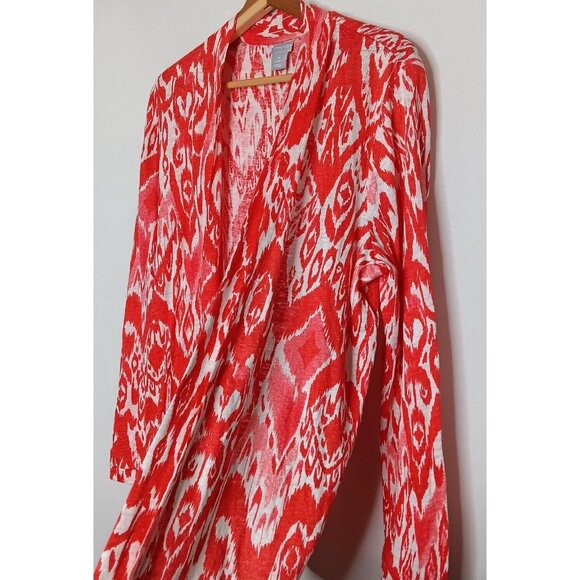Chicos Size 2 Large Shirt Open Front Cardigan Salmon Orange White Knit Linen Top - Picture 2 of 9